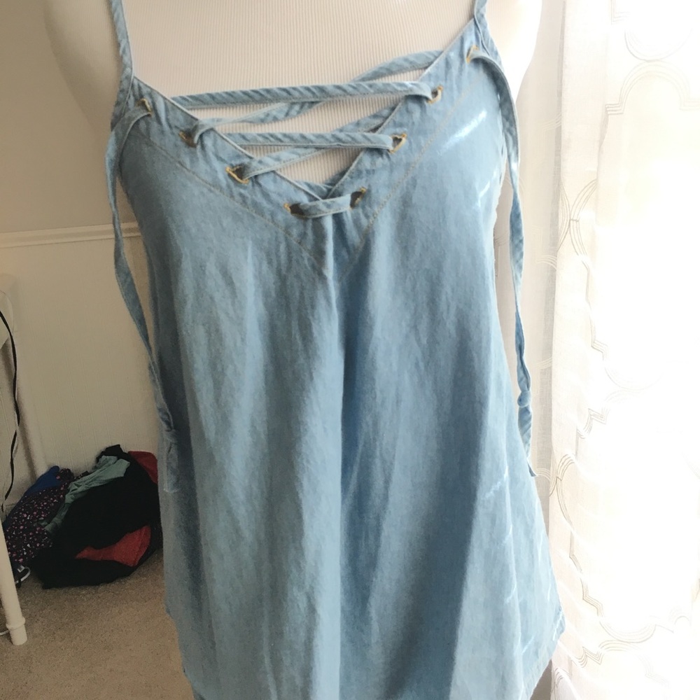 Lace up light blue tank top